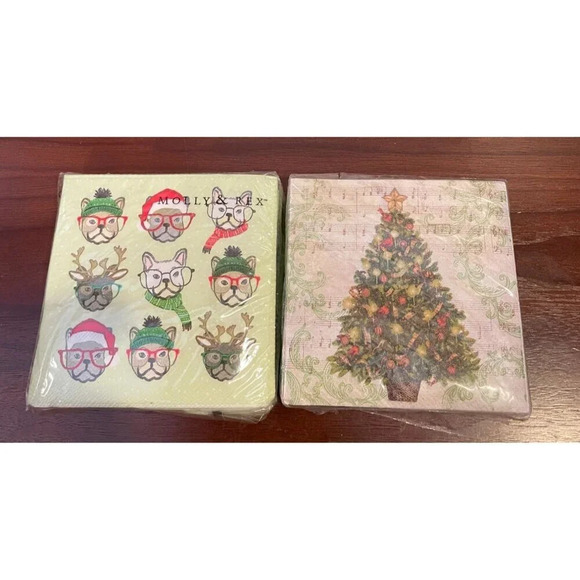 Molly & Rex Cypress Home‎ Christmas Napkins 10"x10" Lot of 2 Bulldog Frenchie - Picture 1 of 5